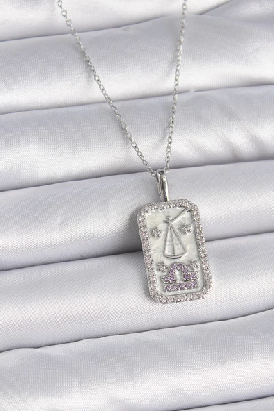 316L Çelik Gümüş Renk Terazi Burcu Zirkon Taşlı Kadın Kolye - TJ-BKO9454 ürün görseli