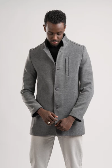 Slimfit Hakim Yaka Düğme Kapamalı Yan Cepli Astarlı Tek Yırtmaçlı Yünlü Kaşe Kaban - 11