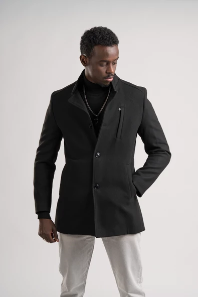 Slimfit Hakim Yaka Düğme Kapamalı Yan Cepli Astarlı Tek Yırtmaçlı Yünlü Kaşe Kaban - 4