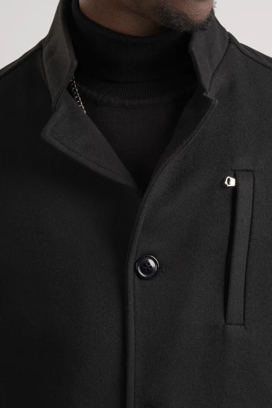 Slimfit Hakim Yaka Düğme Kapamalı Yan Cepli Astarlı Tek Yırtmaçlı Yünlü Kaşe Kaban - 7