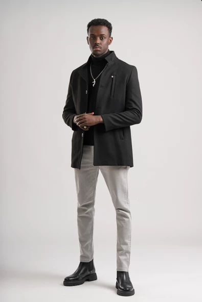 Slimfit Hakim Yaka Düğme Kapamalı Yan Cepli Astarlı Tek Yırtmaçlı Yünlü Kaşe Kaban - 3