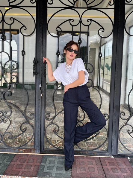 Kadın Yün Efekt Palazzo Pantolon Lacivert - Resim 4