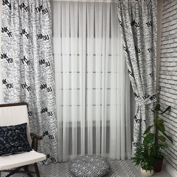 Yazı Desenli Tasarım Perde Kornişe, Rustik Boruya, Rustik Halkaya Uyumlu 1 Kanat Bağcıklı - 5