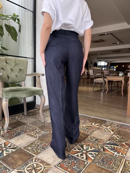 Kadın Yün Efekt Palazzo Pantolon Lacivert - Resim 6