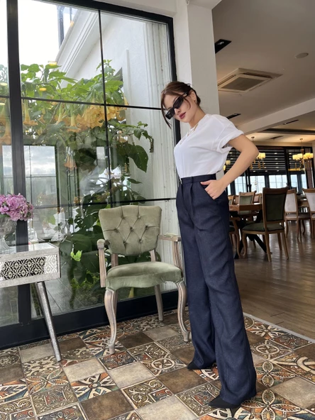 Kadın Yün Efekt Palazzo Pantolon Lacivert - Resim 5