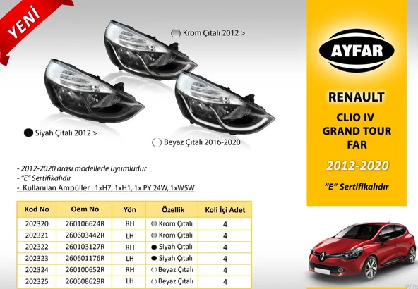 RENAULT CLİO HATCBACK/GRAND TOUR BEYAZ ÇITALI SOL FAR 2012-2020 ARASI