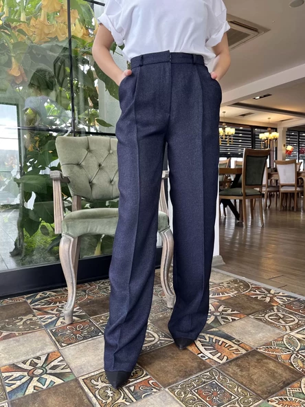 Kadın Yün Efekt Palazzo Pantolon Lacivert - Resim 3