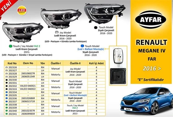 RENAULT MEGANE IV SOL FAR MOTORLU KROM ÇERÇEVELİ LEDLİ TOUCH PAKET 2016-2020