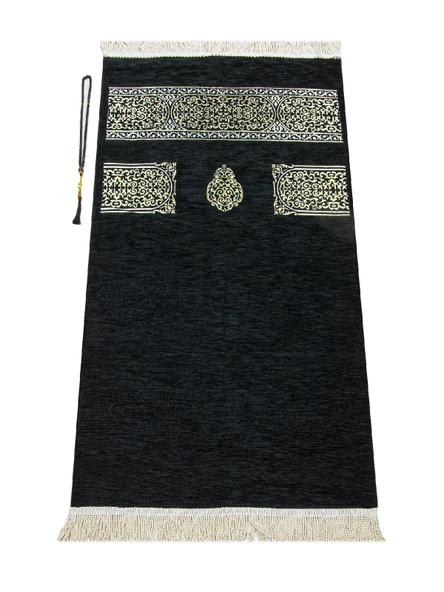 Siyah Namaz Elbisesi - Kabe Motifli Seccade ve Tesbih - İbadet Seti - Resim 6