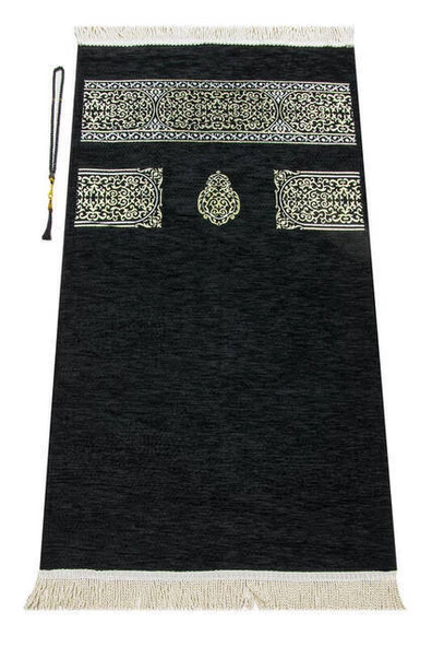 Siyah Namaz Elbisesi - Kabe Motifli Seccade ve Tesbih - İbadet Seti - 4