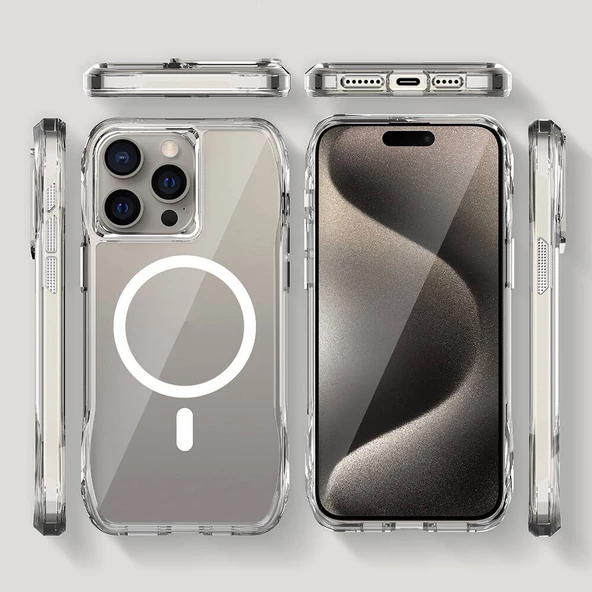 iPhone 15 Pro Max Kapak Magsafe Şarj Özellikli Airbagli Şeffaf İncek Kapak - Resim 8