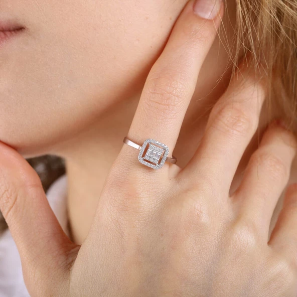 Baguette Beyaz Altın Yüzük Kare - Resim 2