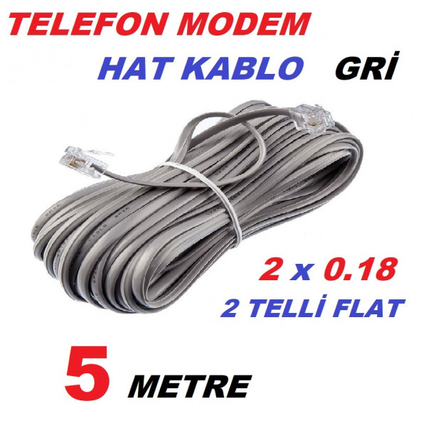 5 METRE ADSL MODEM TELEFON HAT KABLO 5 MT RJ 11 HAZIR UC JAKLI ARA KABLO GRİ