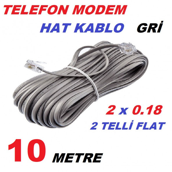 10 METRE ADSL MODEM TELEFON HAT KABLO 10 MT RJ 11 HAZIR UC JAKLI ARA KABLO GRİ