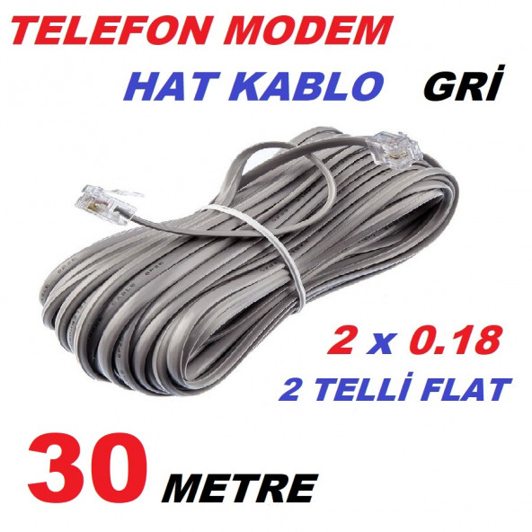 30 METRE ADSL MODEM TELEFON HAT KABLO 30 MT RJ 11 HAZIR UC JAKLI ARA KABLO GRİ