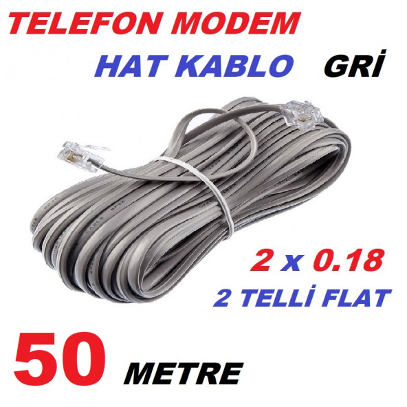 50 METRE ADSL MODEM TELEFON HAT KABLO 50 MT RJ 11 HAZIR UC JAKLI ARA KABLO GRİ ÜA