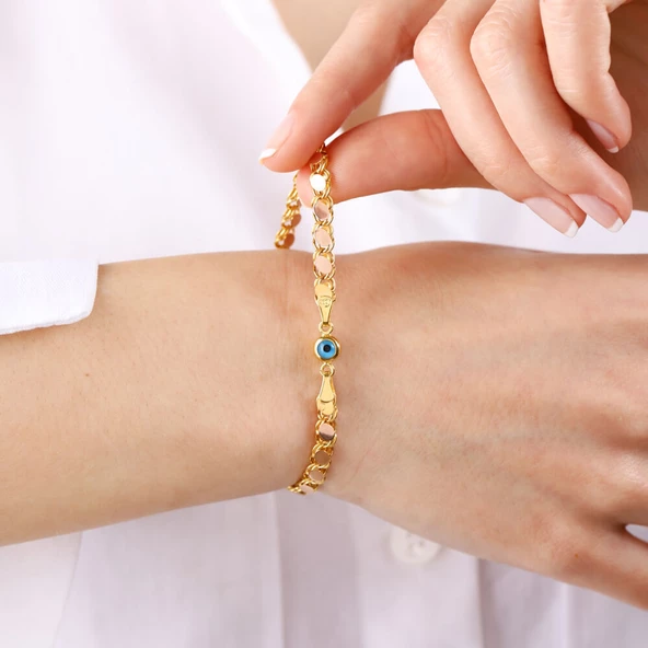 Pullu Altın Bileklik 14 Ayar Nazarboncuklu 5mm - Resim 3