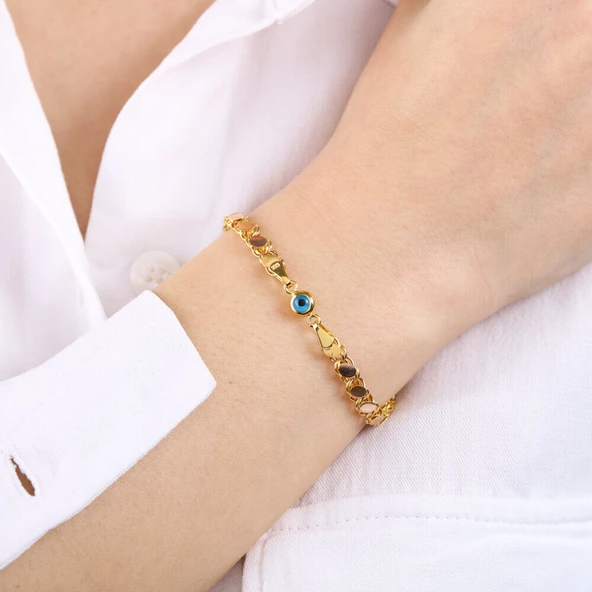 Pullu Altın Bileklik 14 Ayar Nazarboncuklu 5mm - Resim 2