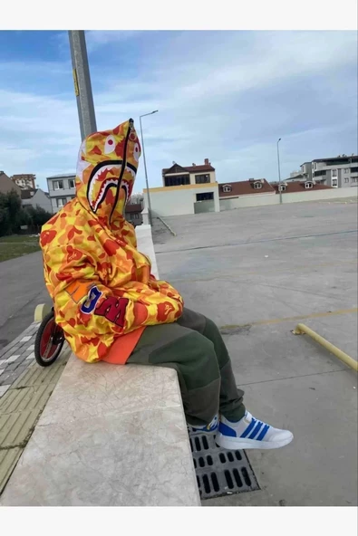 Fermuarlı Nakışlı Kapşonlu Hırka - Sarı - 2