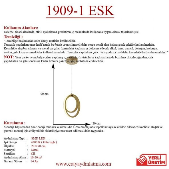 Eray Aydınlatma 1909-1 Eskitme Tekli Led Avize - 3