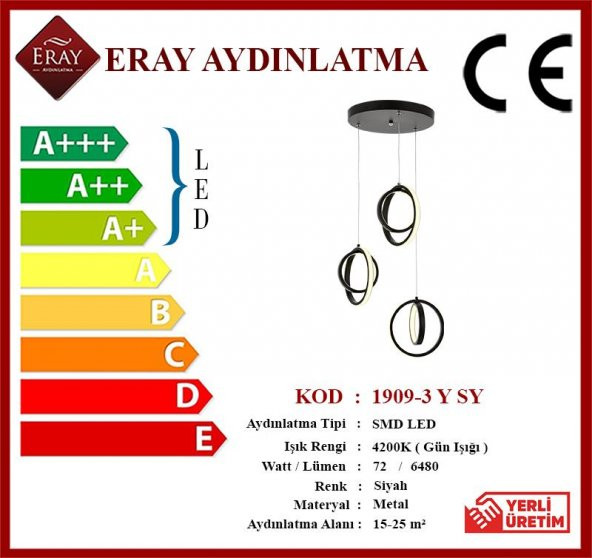 Eray Aydınlatma 1909-3 Siyah 3 lü Led Avize - 3