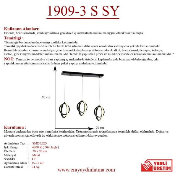 Eray Aydınlatma 1909-3 Siyah Sıralı 3 lü Led Avize - 3