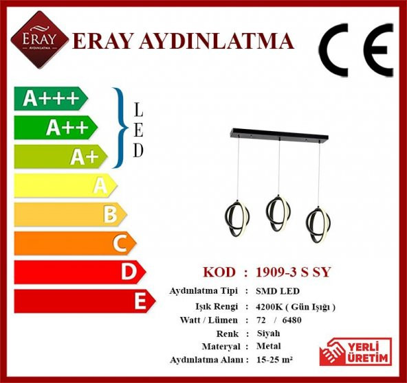 Eray Aydınlatma 1909-3 Siyah Sıralı 3 lü Led Avize - 4