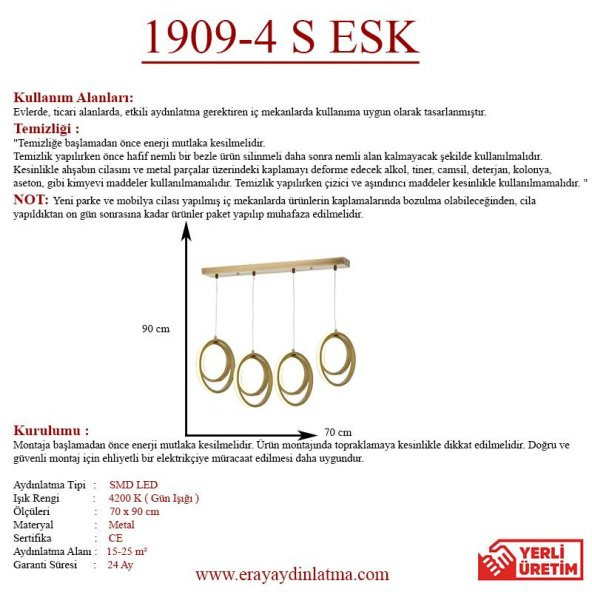 Eray Aydınlatma 1909-4 Eskitme Sıralı 4 lü Led Avize - 3