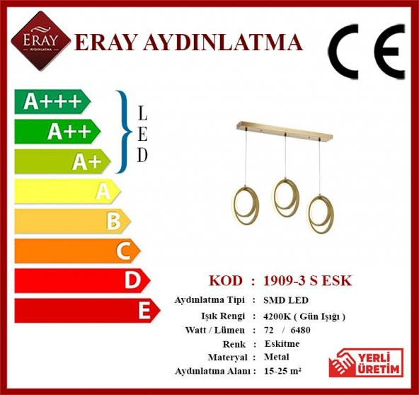 Eray Aydınlatma 1909-3 Eskitme Sıralı 3 lü Led Avize - Resim 3