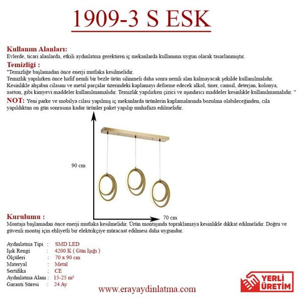 Eray Aydınlatma 1909-3 Eskitme Sıralı 3 lü Led Avize - Resim 4