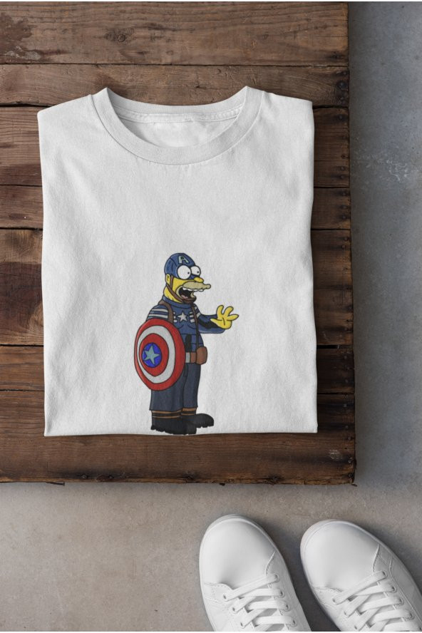 The Simpsons Homer Simpson Captain America Kostümü Tişört Erkek Hediye - Resim 2