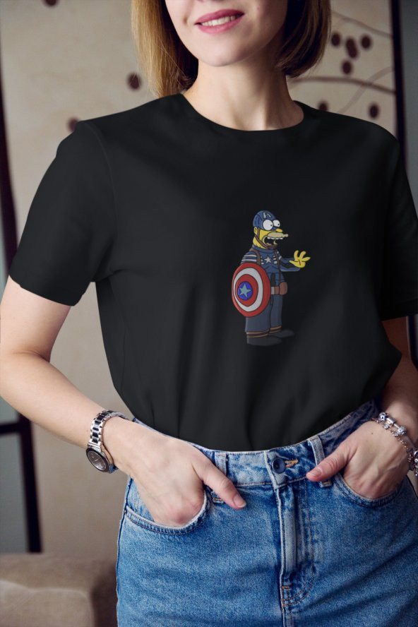 The Simpsons Homer Simpson Captain America Kostümü Tişört Kadın Hediye - Resim 3