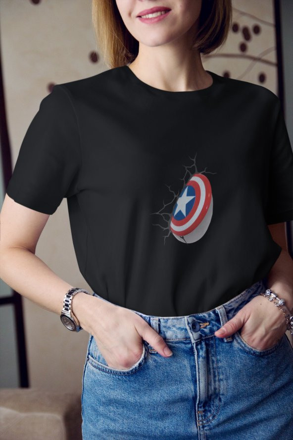 Marvel Captain America Karakteri Kalkan Baskılı Tişört Kadın Hediye Doğum Günü - 3