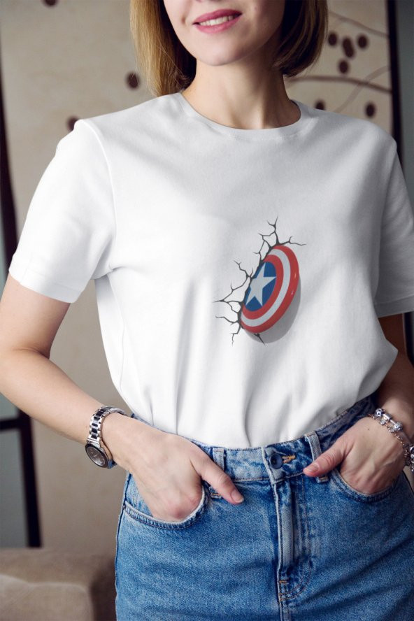 Marvel Captain America Karakteri Kalkan Baskılı Tişört Kadın Hediye Doğum Günü