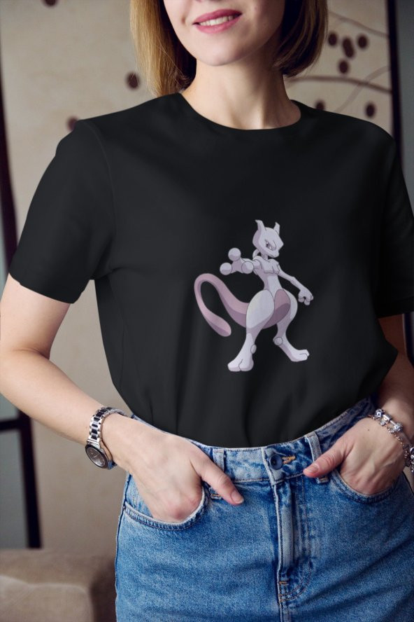 Mewtwo Pokemon Çizgi Film Baskılı Tişört Kadın Hediye Doğum Günü Hediyesi - Resim 3