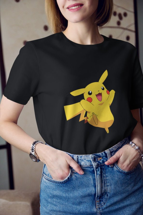 Pikachu Pokemon Çizgi Film Baskılı Tişört Kadın Hediye Doğum Günü Hediyesi - Resim 3