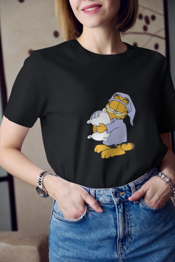 Garfield Çizgi Film Baskılı Tişört Kadın Hediye Doğum Günü Hediyesi T-shirt - Resim 3