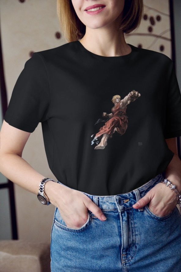 Street Fighter Ken Master Karakteri Baskılı Tişört Kadın Hediye Doğum Günü - 3