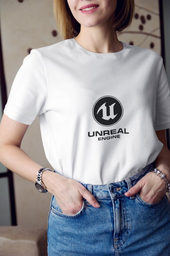 Unreal Engine Logo Ve Yazı Baskılı Tişört Kadın Hediye Doğum Günü Hediyesi