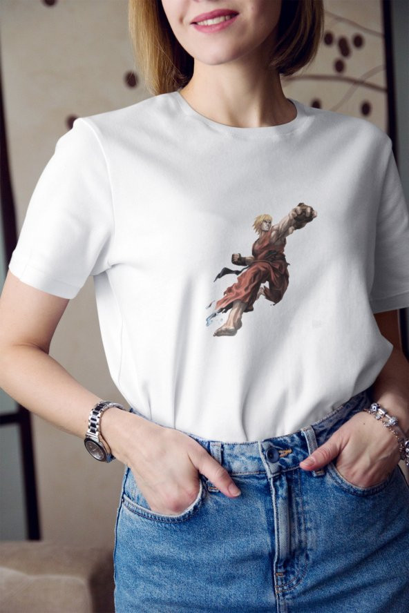 Street Fighter Ken Master Karakteri Baskılı Tişört Kadın Hediye Doğum Günü