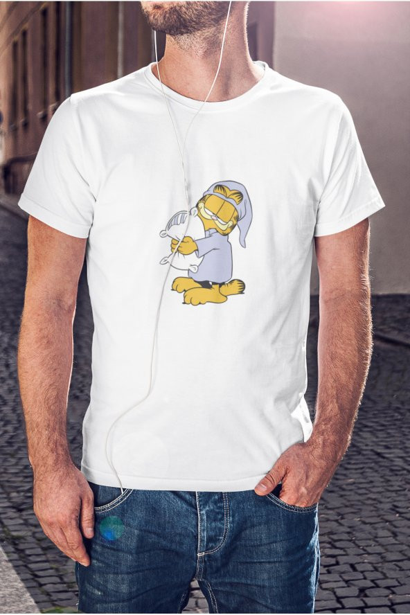 Garfield Çizgi Film Baskılı Tişört Erkek Hediye Doğum Günü Hediyesi T-shirt