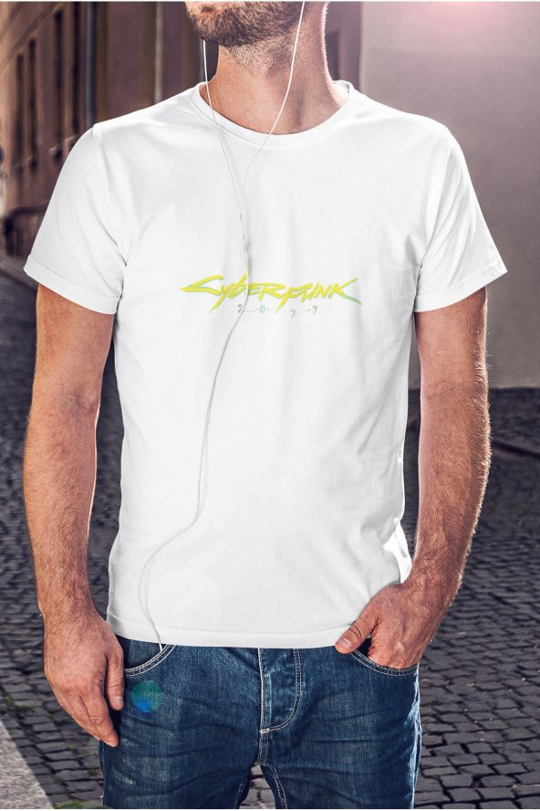 Sarı Cyber Punk Yazı Baskılı Tişört Erkek Hediye Doğum Günü Hediyesi T-shirt