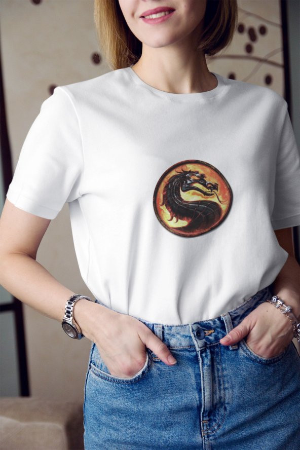 Mortal Kombat Ejderha Figürü Baskılı Tişört Kadın Hediye Doğum Günü Hediyesi