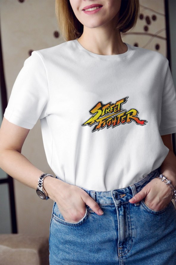 Street Fighter Sarı Turuncu Renkli Yazı Baskılı Tişört Kadın Hediye Doğum Günü ürün görseli