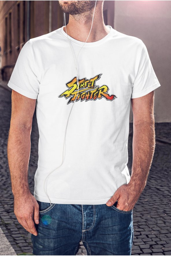 Street Fighter Sarı Turuncu Renkli Yazı Baskılı Tişört Erkek Hediye Doğum Günü - 1