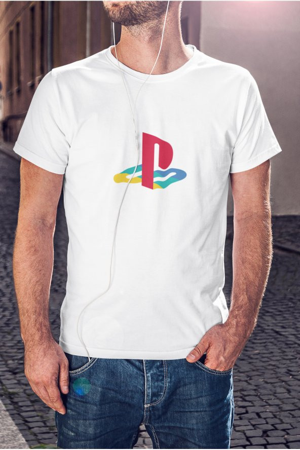 Playstation Renkli Logo Baskılı Tişört Erkek Hediye Doğum Günü Hediyesi T-shirt