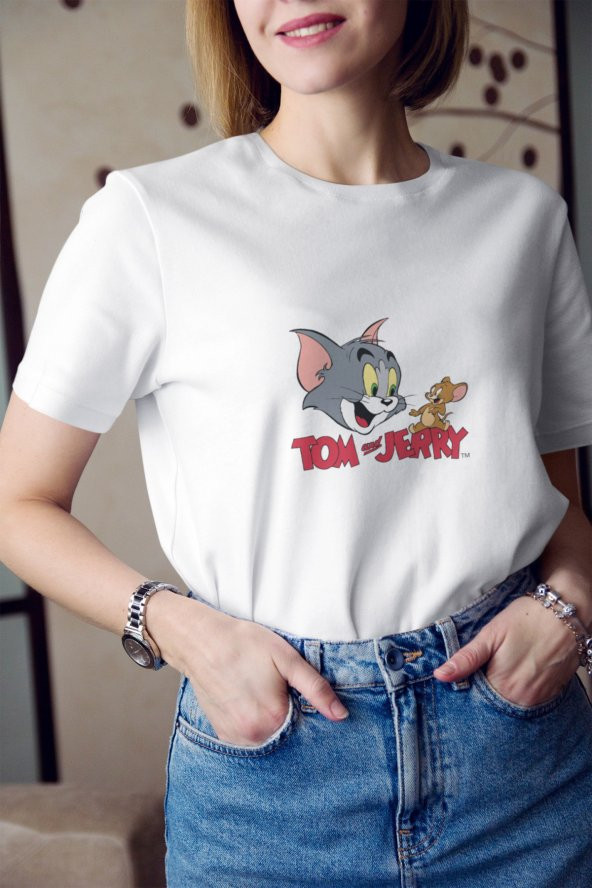 Tom ve Jerry Çizgi Film Baskılı Tişört Kadın Hediye Doğum Günü Hediyesi T-shirt