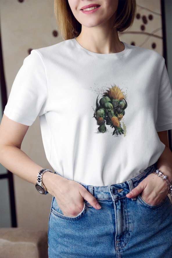 Street Fighter Blanka Karakteri Baskılı Tişört Kadın Hediye Doğum Günü Hediyesi