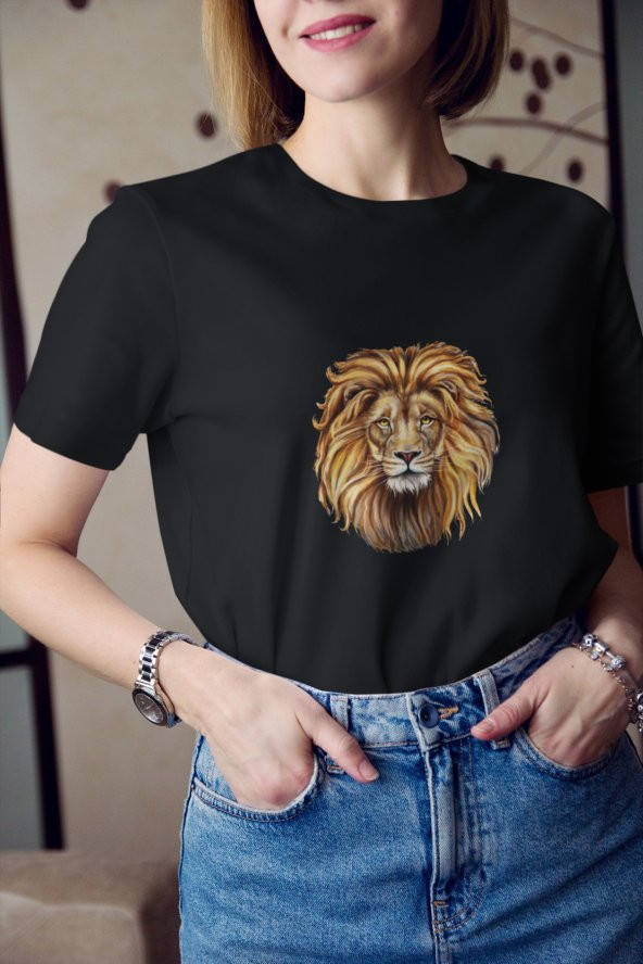 Renkli Aslan Yeleli Baskılı Tişört Kadın Hediye Doğum Günü Hediyesi T-shirt - 3