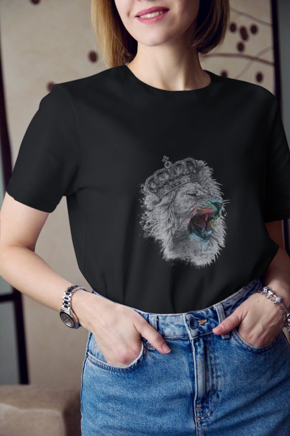 Kral Tacı Aslan Baskılı Tişört Kadın Hediye Doğum Günü Hediyesi T-shirt - Resim 3